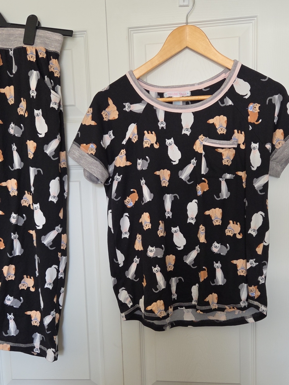 Pillow Talk Adults Black Cat Print Pajama Set - Short Sleeve Top & Pants
